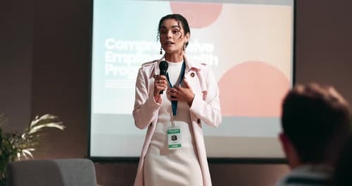 Business, development and presentation with public speaker woman in conference room for training