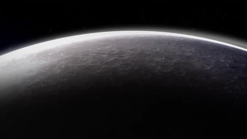 Planetenoberfläche mit Kratern und dünner Atmosphäre, die aus dem Schatten hervortreten