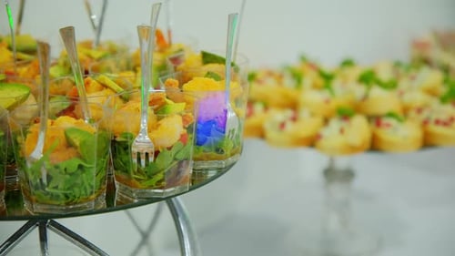 Close Up of Banquet Table with Appetisers Catering in Restaurant Move Camera Shot