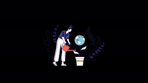Person watering a plant with a globe, promoting environmental awareness.