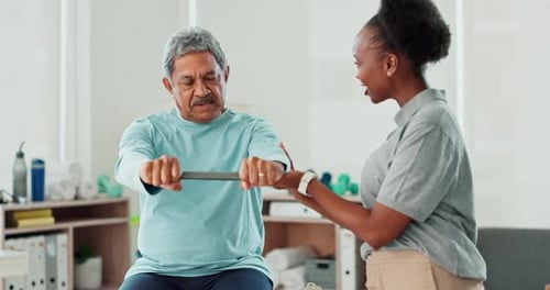 Resistance band, physiotherapy and elderly man in clinic for consultation with muscle recovery