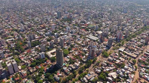 Arial drone skyscrapers busy metropolitan city area. Posadas Misiones Argentina.