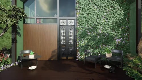 Relaxing Outdoor Patio Scene with Lush Greenery