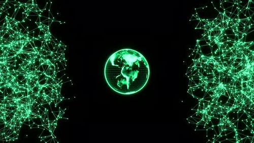Technology spinning hologram planet earth with green plexus lines, 3D rendering