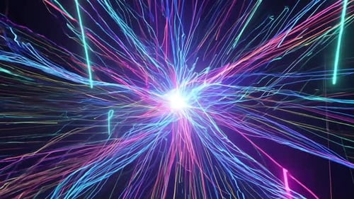 Explosión de fibras ópticas abstractas, coloridas señales eléctricas que fluyen dentro de una red compleja