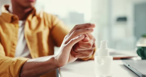 Person, sanitize and hands for hygiene in office as cleaning safety, disinfection