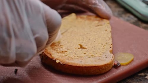 Spreading mustard on bread making a sandwich, close up