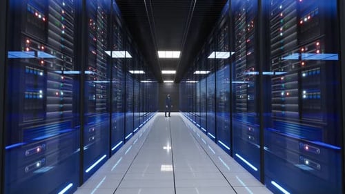 Futuristic Server Room Walkthrough with Digital Data Animation