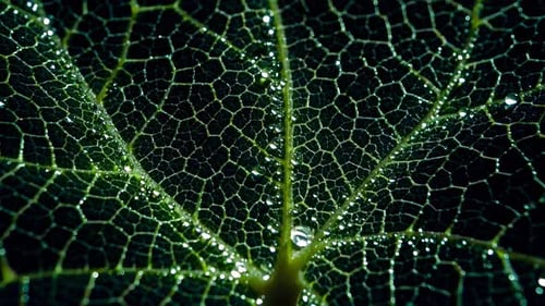 Macro View of Leaf Skeleton with Water Droplets