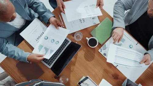 Above, finance and business people in meeting, charts and accounting with feedback for budget