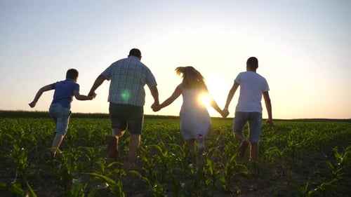 Family Runs Hand-in-Hand Through Field at Sunset