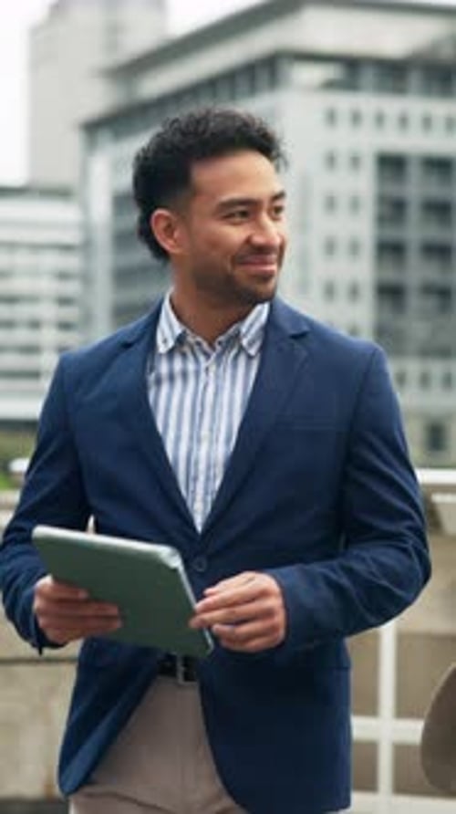Tablet, conversation and business people in city with walk, feedback or partnership for real estate