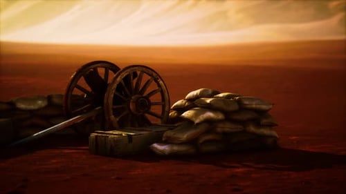 Animated Desert Battlefield with Historic Cannon and Sandbags