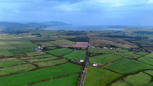 Vast green valley divided into the fields used for farming. Ireland scenery from top.