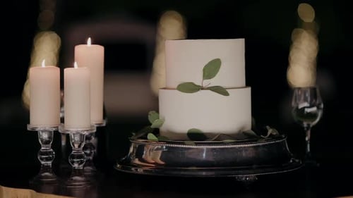 Elegant two-tiered white cake adorned with green leaves, displayed on a silver platter with lit cand