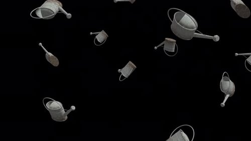 Falling metal watering cans over alpha channel. Rain of watering cans. Watering cans background