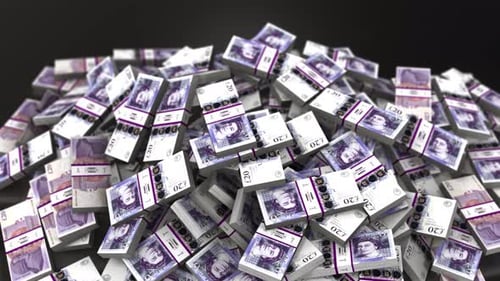British Pound Banknotes Falling and Piling Up Animation