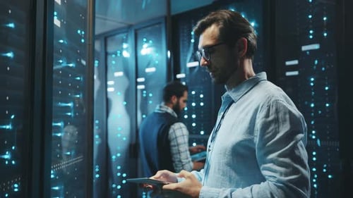 Data Center Engineers Working on Servers Using Tablets