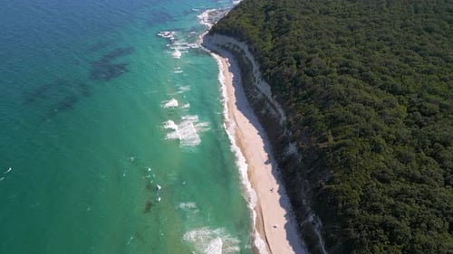 Aerial view of wild beach with forested cliffs and turquoise sea. Waves roll onto the empty shore, s