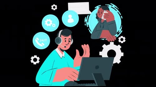 technical support person helping someone on a call, call center person animation 4k on alpha channel