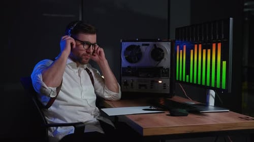 Un homme au casque avec un vieux magnétophone à bobines, un agent secret espionne un espion et un éclaireur