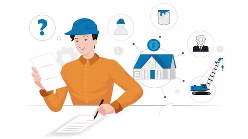 Architekt plant den Bau eines Hauses, Ingenieur plant den Bau eines Hauses animati