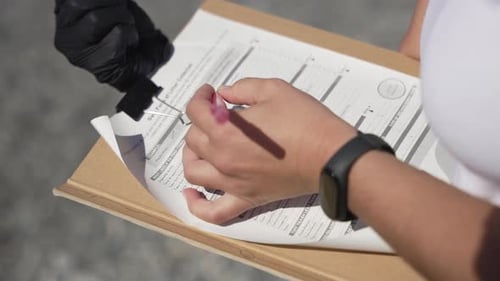 Close up of hands of a scientist fills out an official scientific form related to climate change
