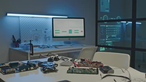 Electronics Engineer Workplace in Dark Office
