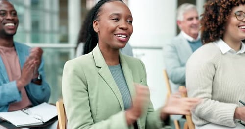 Applause, audience and business people in meeting, workshop or presentation for team success