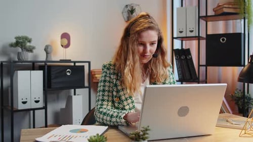 Business Woman Wearing Headset Freelance Worker Call Center or Support Service Operator Helpline