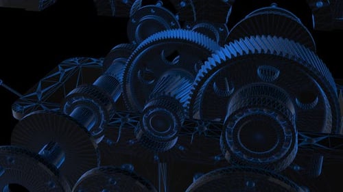 Futuristic Blue Wireframe Gears and Bearings Animation