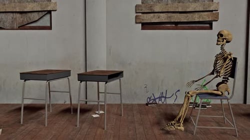 Abandoned Grunge Classroom with Skeletons Pan Shot