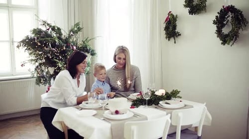 Family celebrates Christmas with sparklers at decorated table