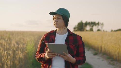 Woman Farmer Inspecting Wheat Field With Tablet