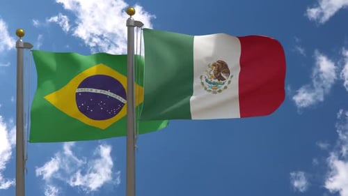 Flags of Brazil and Mexico Waving in Wind