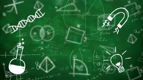 Digital animation of science concept icons against mathematical equations and diagrams on green back