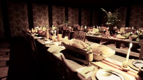 Elaborate Feast Table with Glowing Candles and Abundant Food