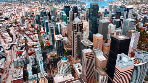 Amazing scenery of modern Seattle, Washington, the USA from high above.