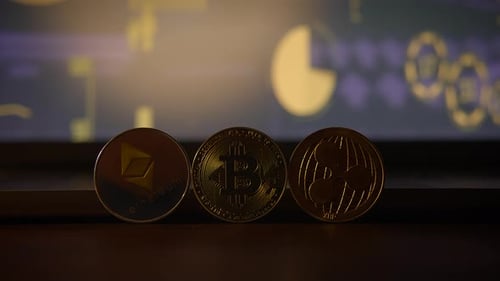 Various Cryptocurrency Coins Set Against a Dynamic Digital Background Technology Theme