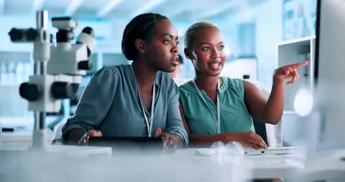 High five, computer and team of women scientists in laboratory reading information