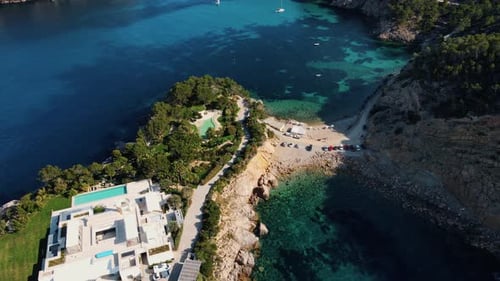 Aerial view over Cala Benirras in Ibiza, Spain.