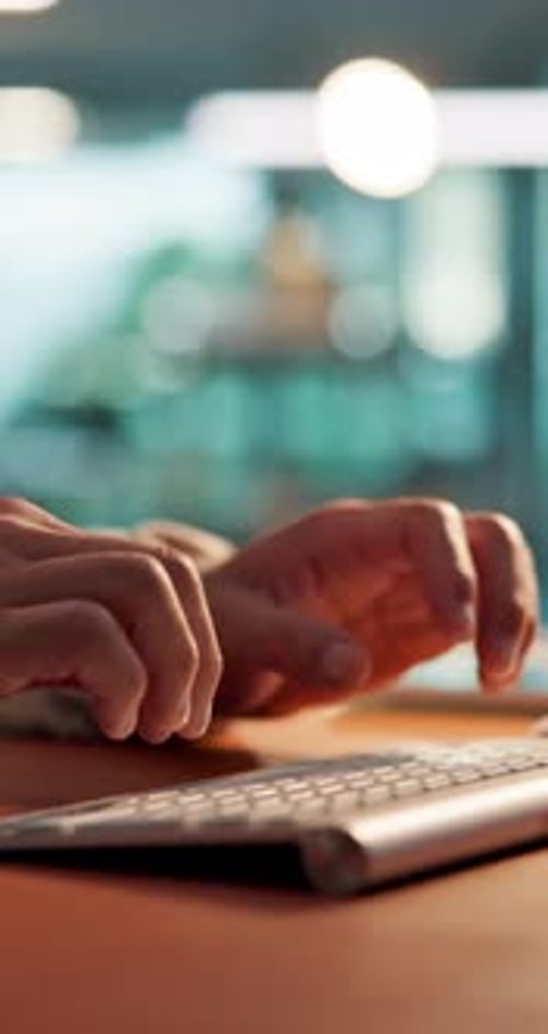 Typing, journalist or hands in office with keyboard, draft edit or source feedback for article