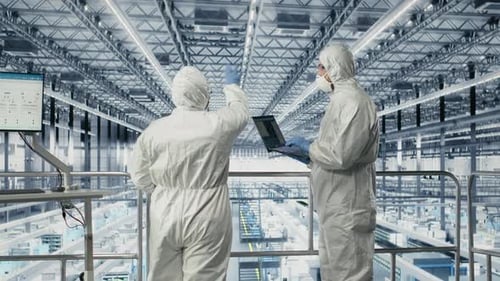 Scientists Discussing Laptop, Futuristic Factory Workplace Setting