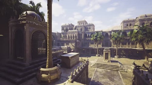 Illuminated Trading Area Featuring Layered Stone Buildings and Palms