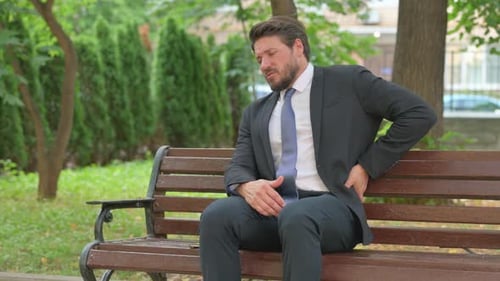 Mature Adult Businessman Experiencing Back Pain, Sitting in the Park