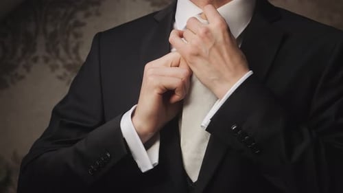 Elegant Man Adjusting Tie in Classy Suit for Business Look
