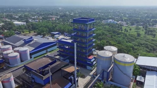 Aerial Drone View of a Modern Blue Industrial Processing Plant