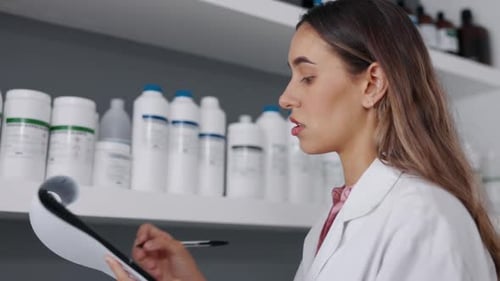 Woman Checks Inventory in Laboratory Setting