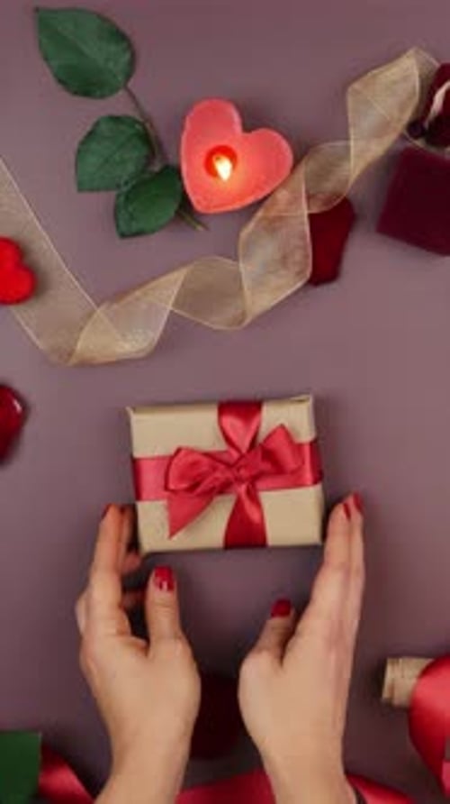 Hands put wrapped gift with tied red bow for St. Valentine's Day. Vertical video