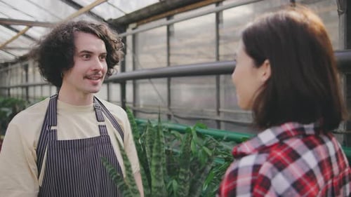 A Male Sales Consultant Gives Advice to the Buyer on Caring for Plants A Male Plant Botanist